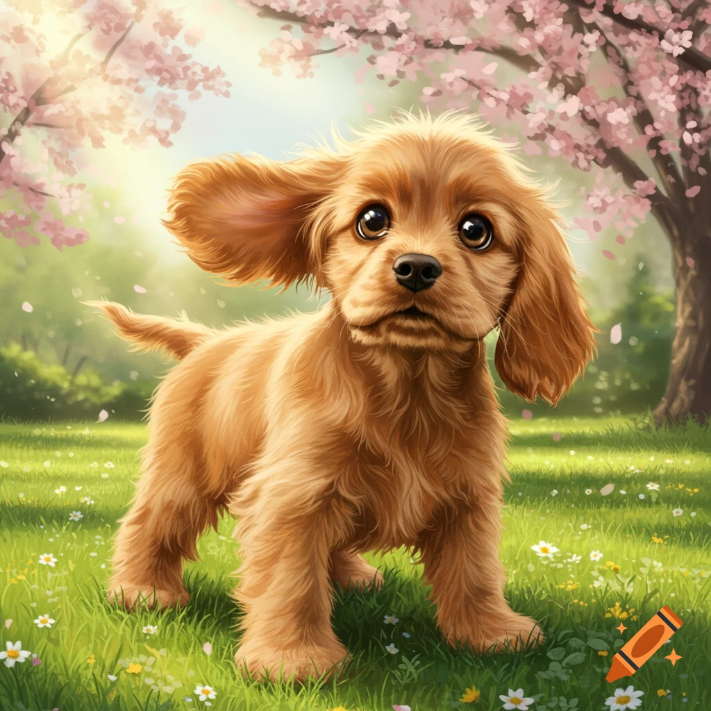 Fluffy brown cocker spaniel puppy with big eyes standing in a sunny field of green grass and white flowers under pink cherry blossom trees, photorealistic.
