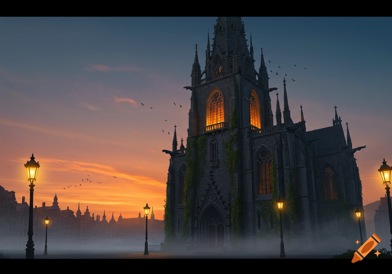 A grand gothic building with glowing windows in mist, framed by lampposts against an orange and blue sunset sky.