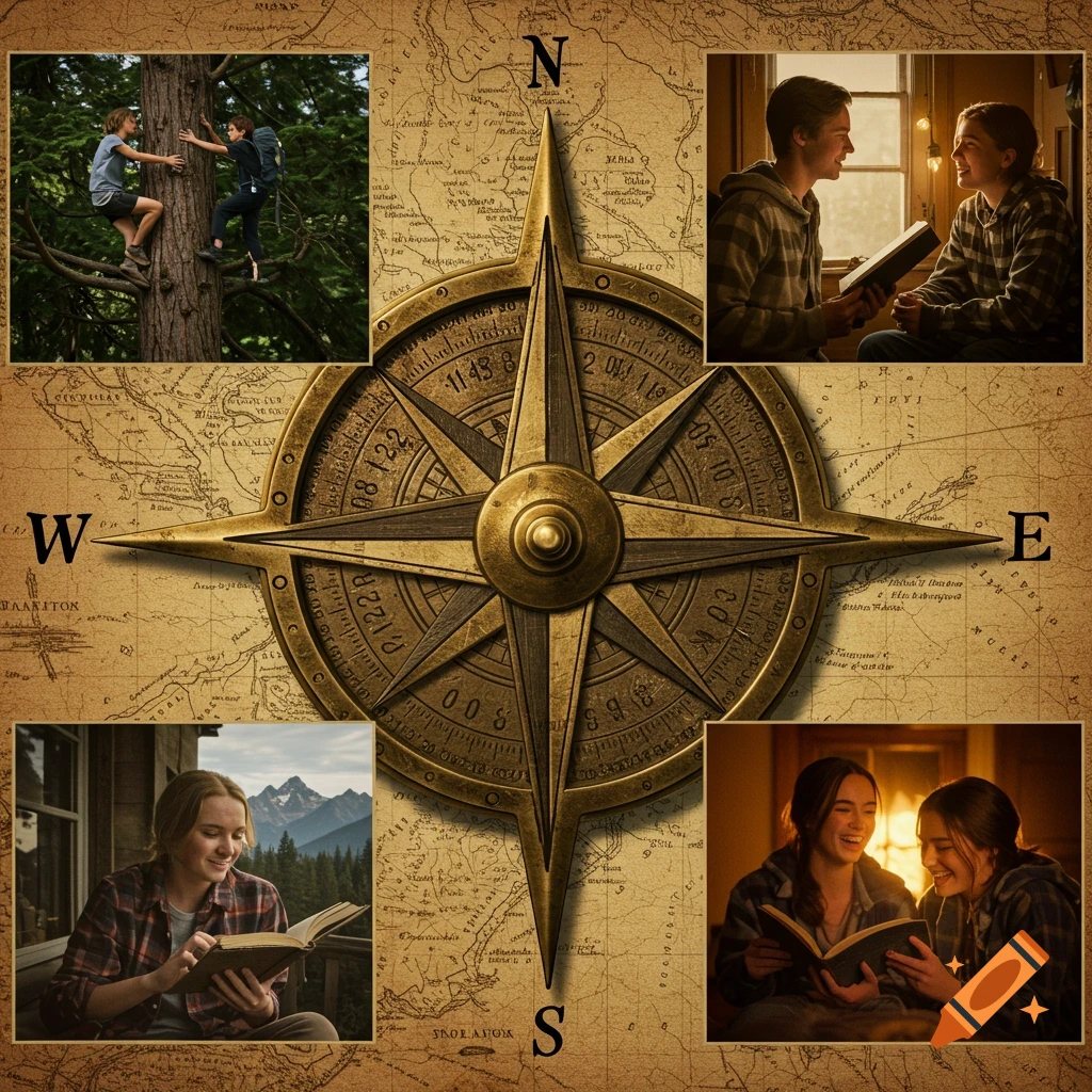 A vintage compass rose over an old map, framed by four realistic photos: two teenagers climbing a tree, two reading a book by a window, a girl reading outdoors, and two girls laughing over a book.