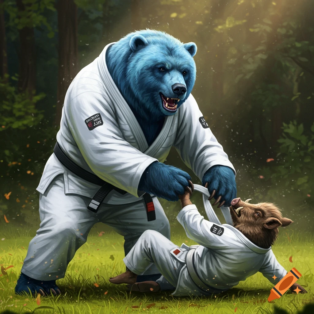 A blue bear in a white BJJ gi and black belt grapples with a baby boar in a white BJJ gi in a forest.