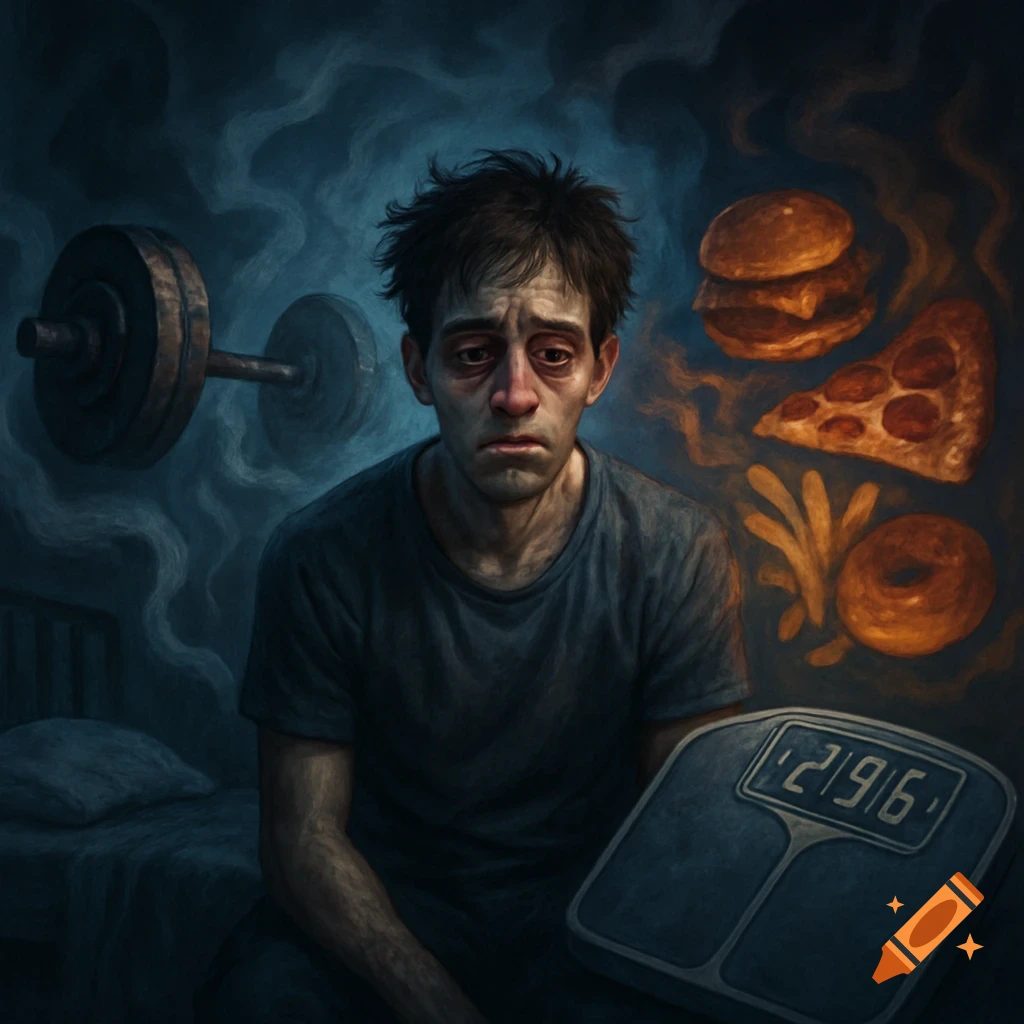 A haggard man stares forward, surrounded by fast food, a barbell, and a scale displaying garbled numbers, depicting a struggle with health and lifestyle in a somber, illustrative style.