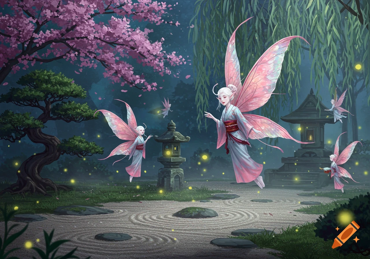 Several winged fairies in kimonos float in a moonlit Japanese garden with cherry blossoms, bonsai, stone lanterns, and glowing fireflies.