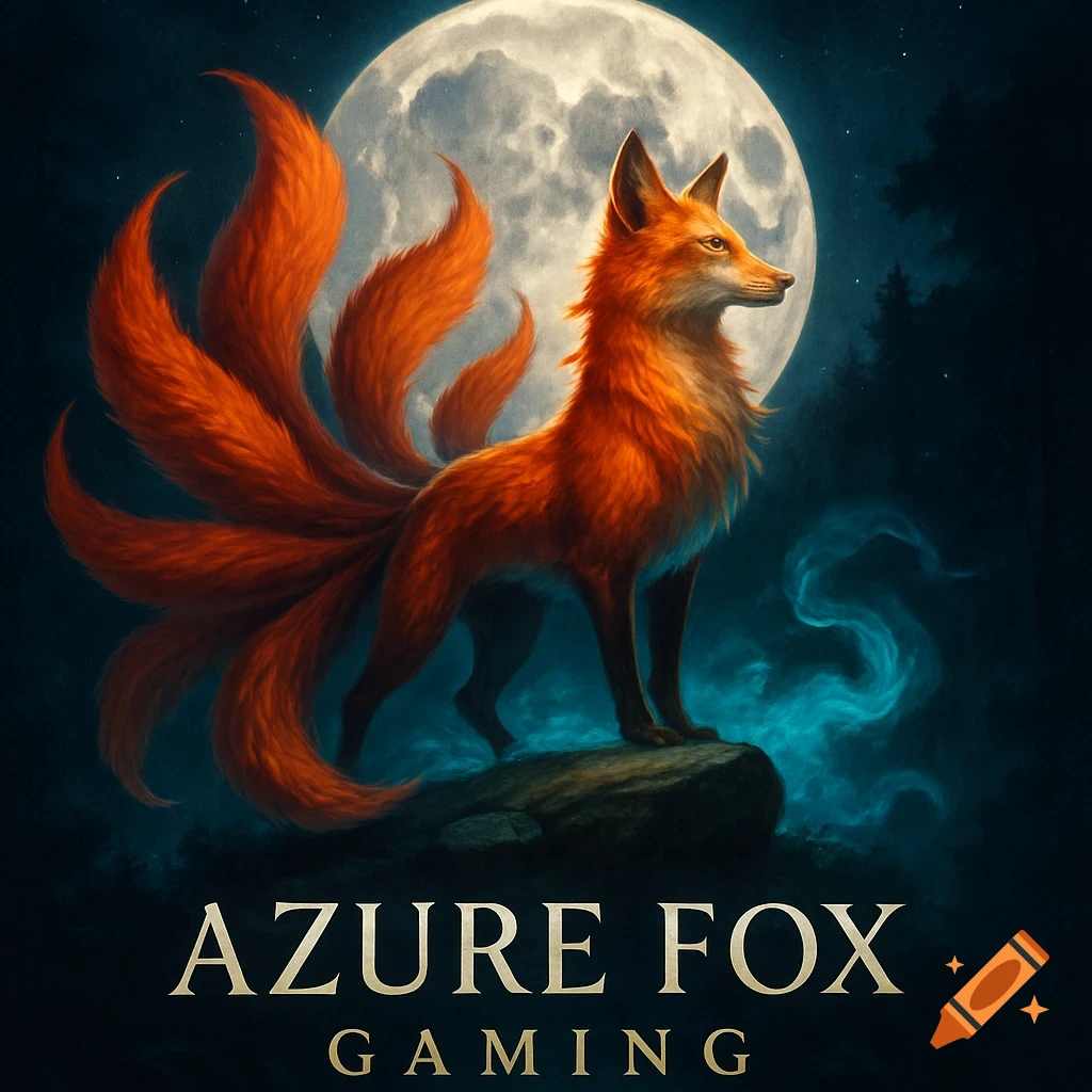 A vibrant orange nine-tailed fox stands on a rock under a full moon with blue mist and stars. Text: AZURE FOX GAMING.