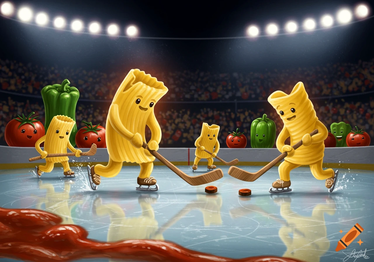 Cartoon pasta noodles play hockey on an ice rink, watched by smiling vegetable spectators in a stadium.