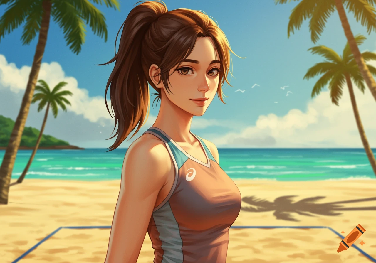 Anime-style woman with brown hair in a ponytail, wearing a sports top, smiling on a sunny beach with palm trees.