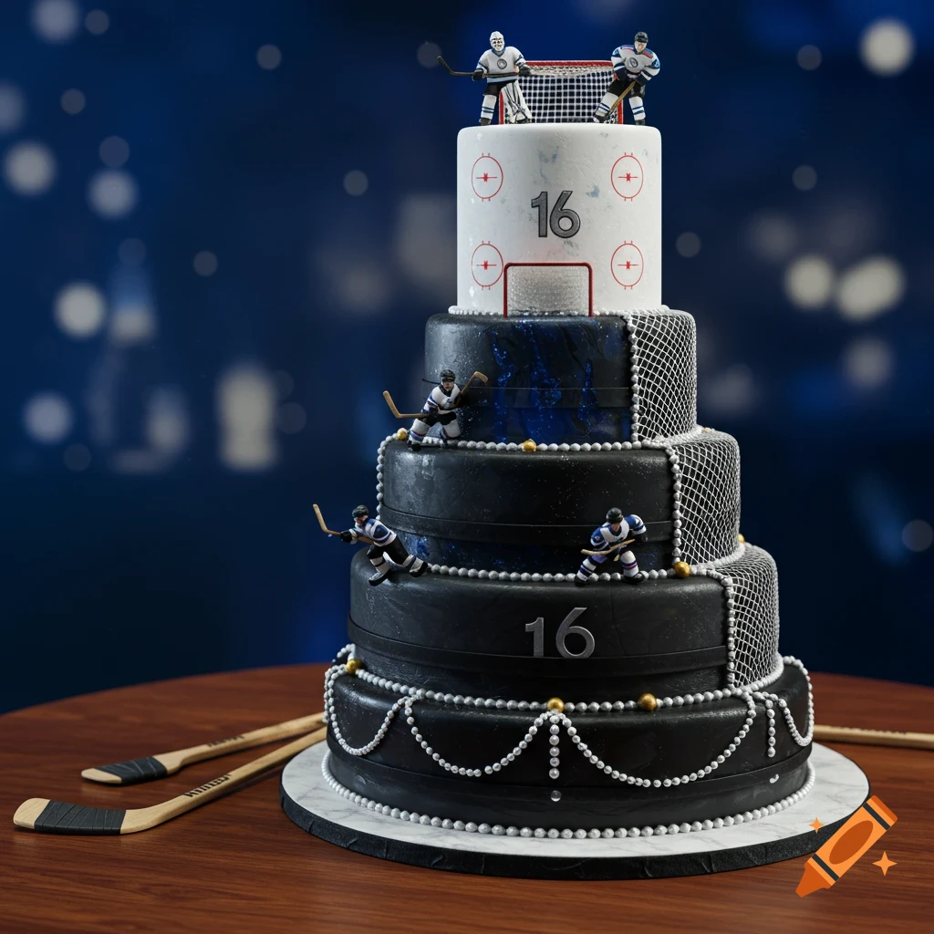 A multi-tiered 'Sweet 16' hockey-themed birthday cake decorated with miniature players, nets, and sticks on a wooden table.
