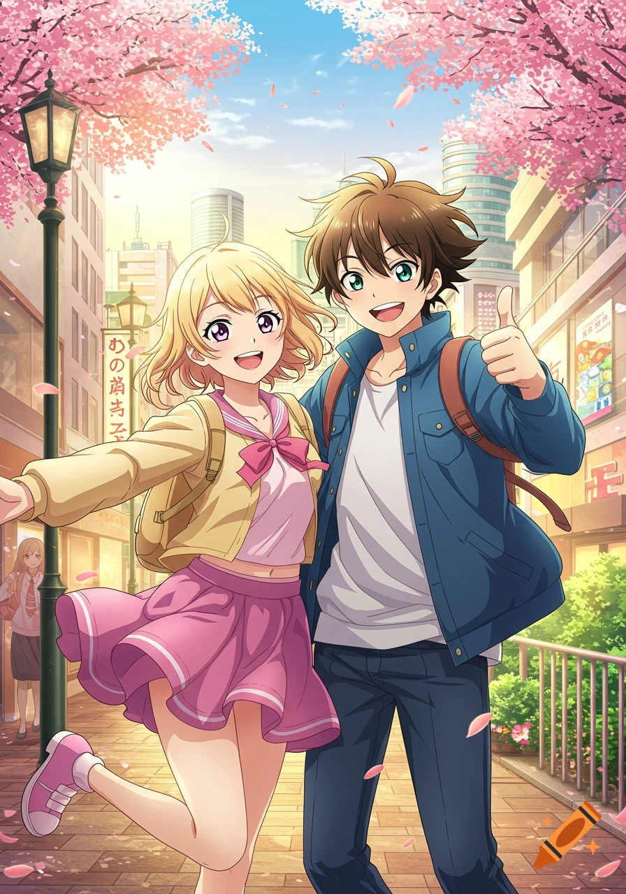 An anime duo, a blonde girl and a brown-haired boy, smile and pose on a cherry blossom-lined city street, with the boy giving a thumbs-up.