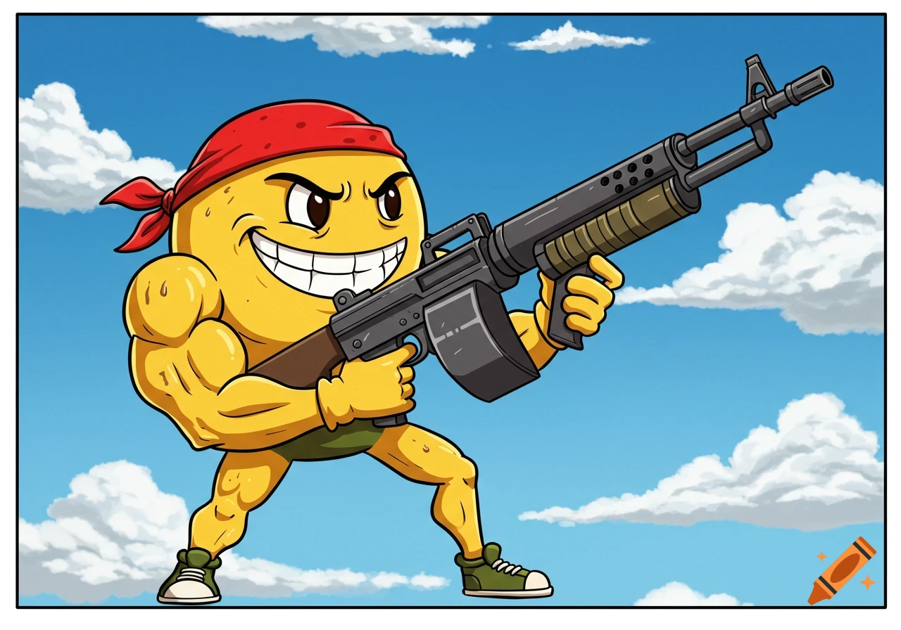 Muscular cartoon emoji wearing a red bandana, holding a large machine gun against a blue sky with clouds.