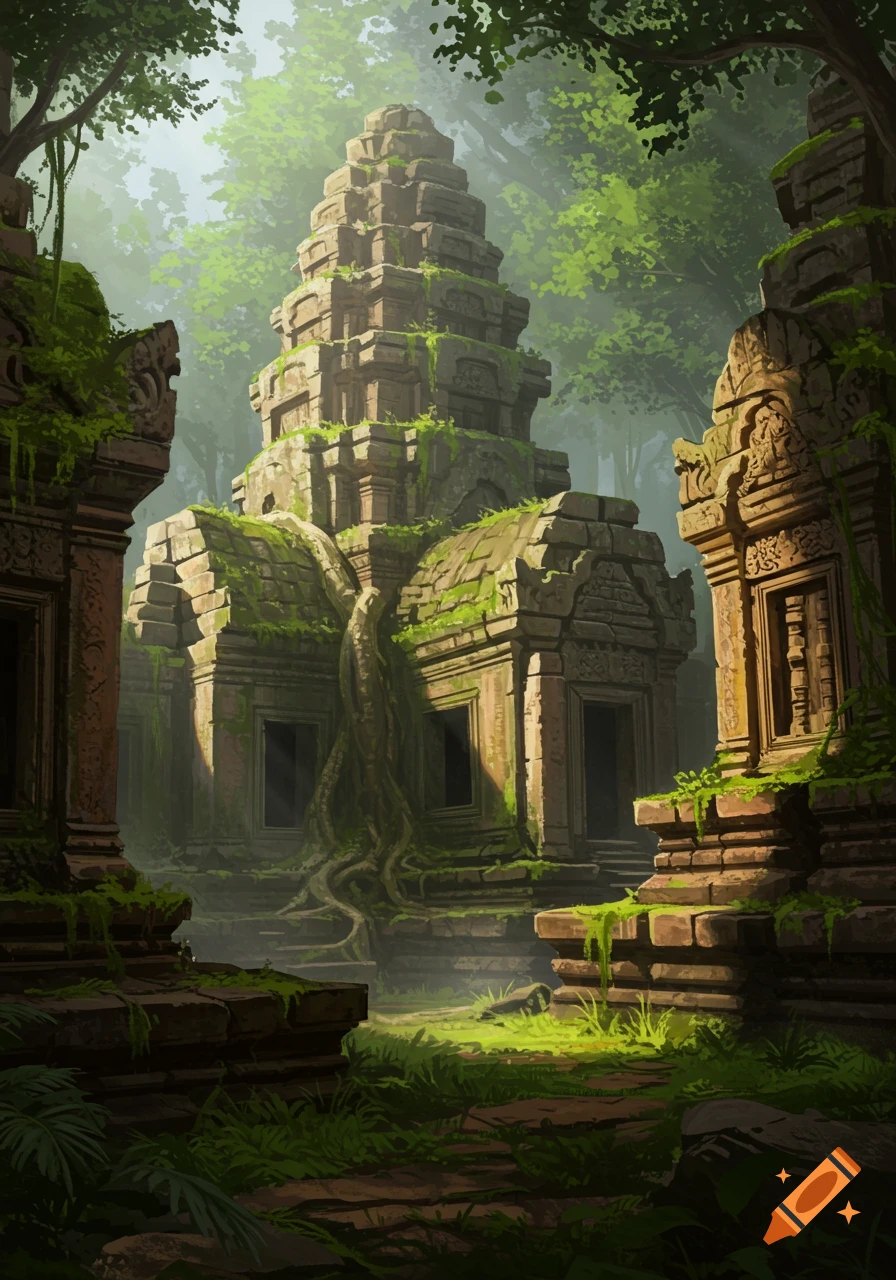 Ancient, moss-covered temple ruins hidden deep within a lush, sunlit jungle, in a painterly style.