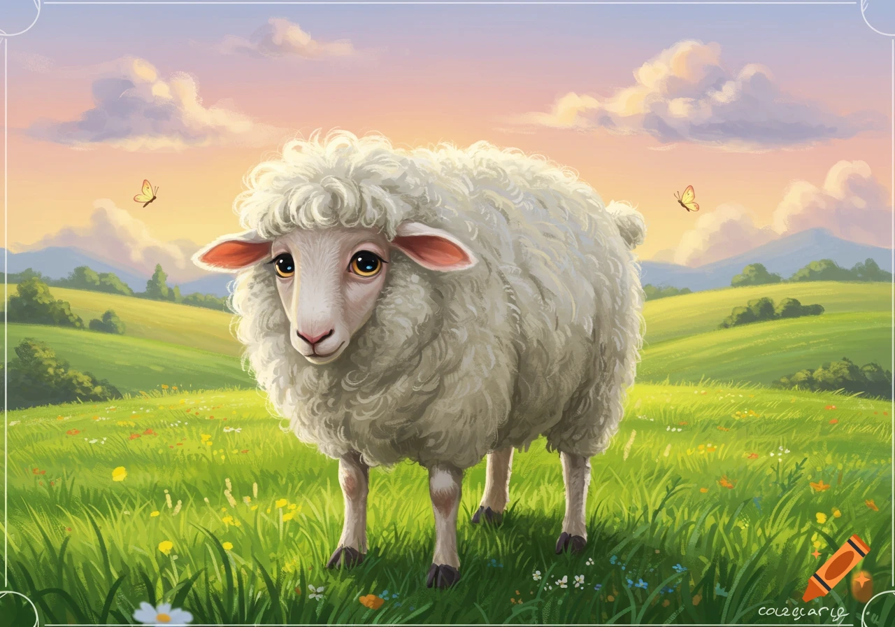 Fluffy white sheep with large eyes stands in a vibrant green meadow with wildflowers, under a pastel sky at sunset, in an illustration style.