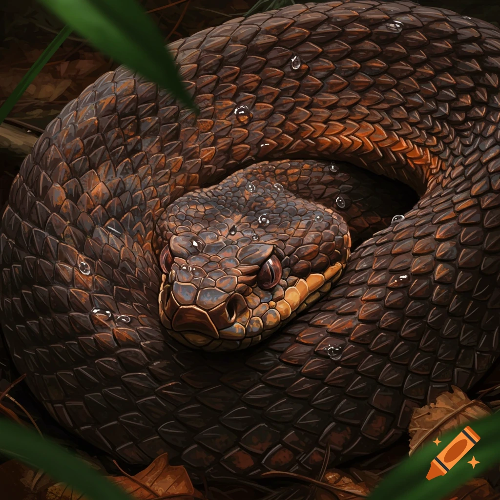 Close-up of a coiled brown snake with water droplets on its scales, nestled in dark foliage.