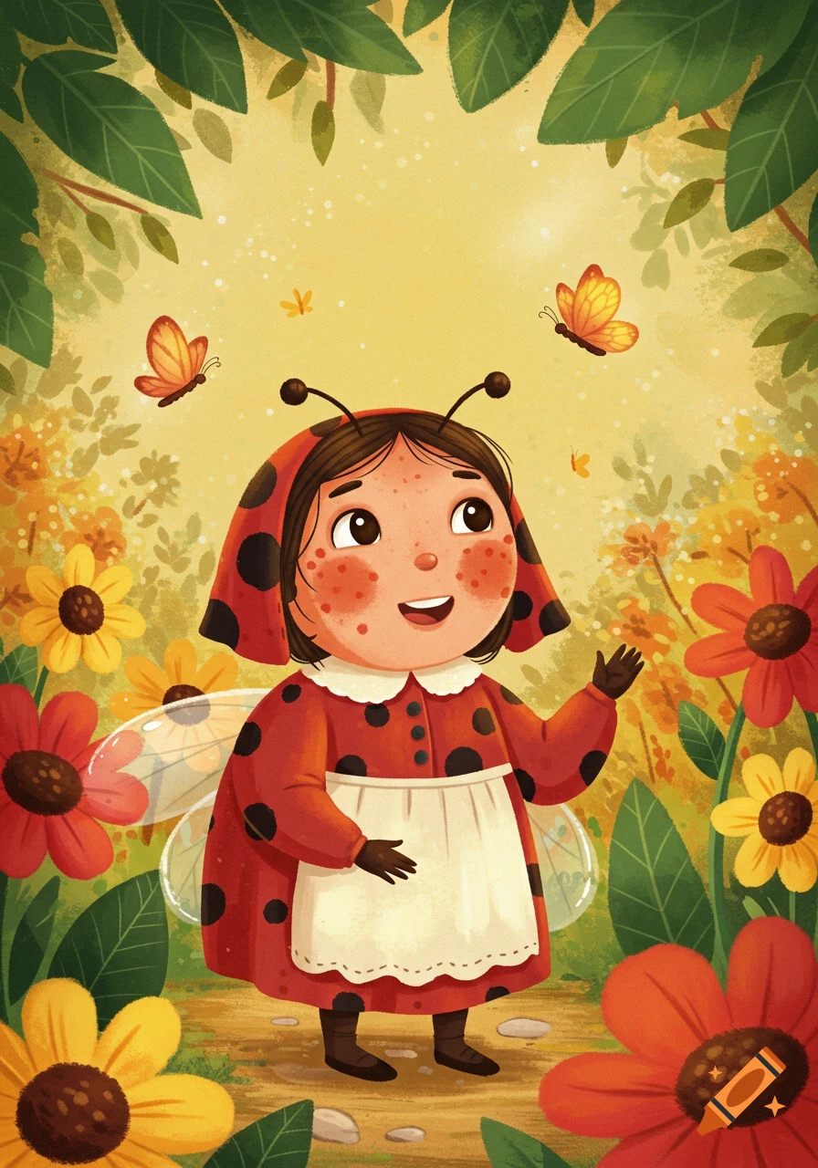 Whimsical children's illustration of a smiling child in a ladybug costume looking up at butterflies in a vibrant, flowery garden.