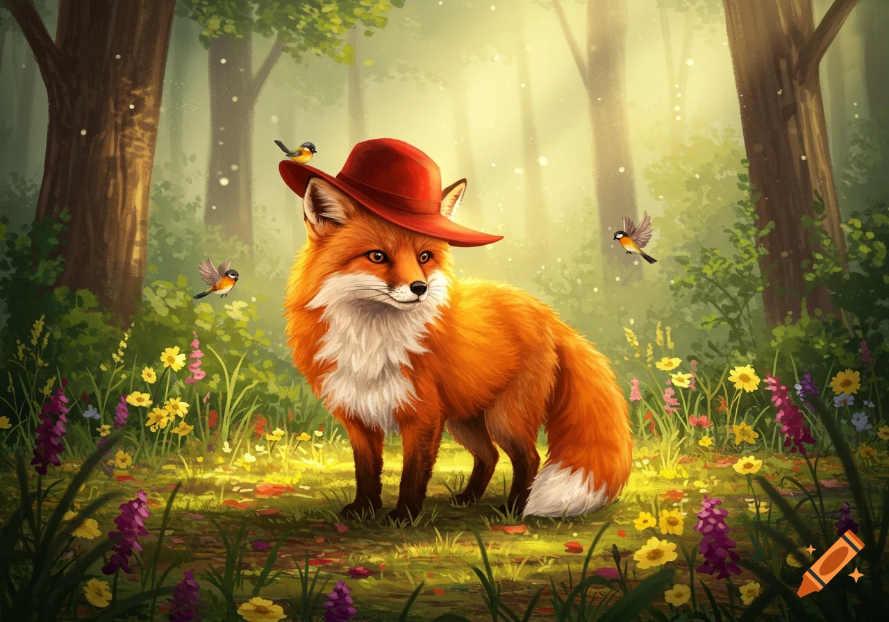 A cute orange fox wearing a red hat stands in a sunlit forest clearing filled with colorful flowers, with small birds flying nearby.