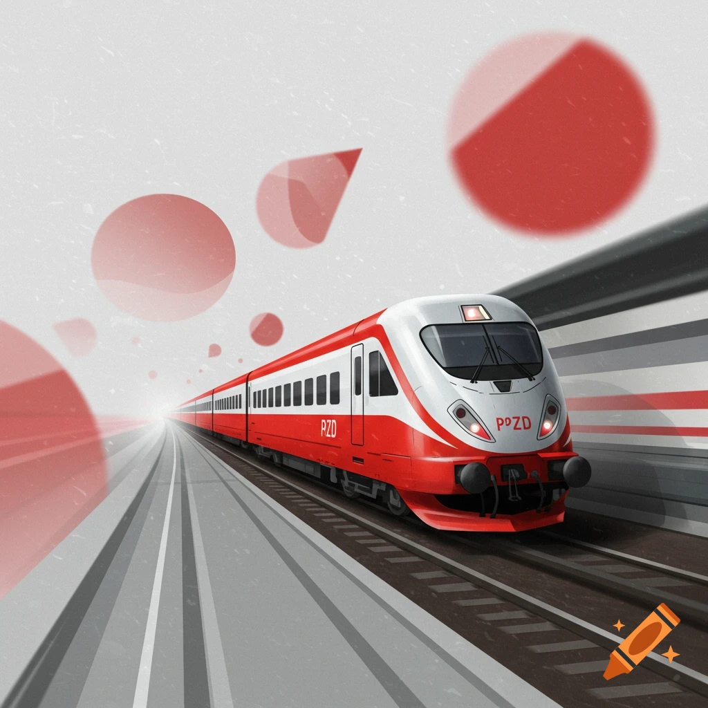 Modern graphic illustration of a red and white train speeding down tracks, surrounded by abstract red shapes.
