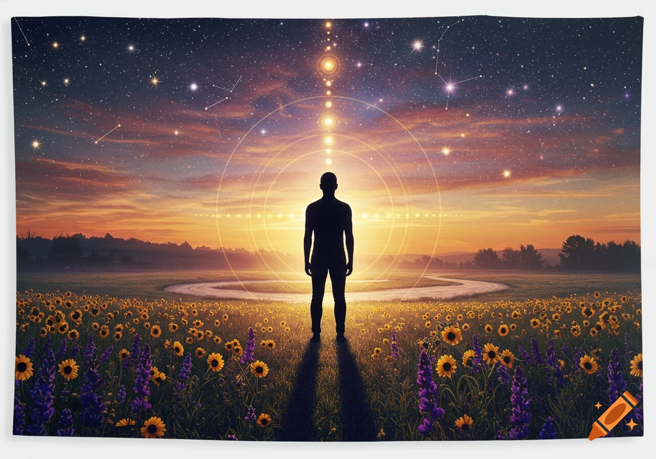 A silhouette of a person stands in a field of sunflowers and purple flowers at sunset, with stars and cosmic light effects.