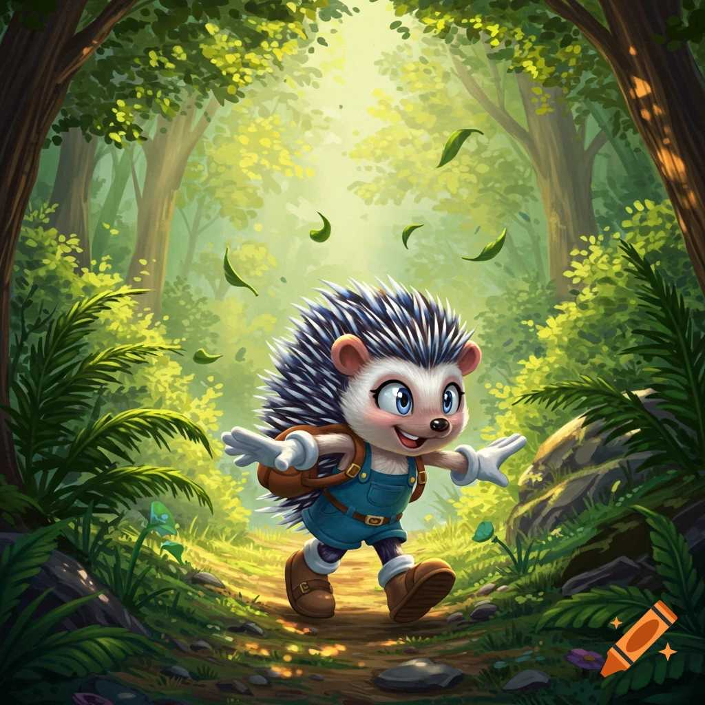 A cute, cartoon hedgehog with a backpack walks cheerfully along a sunny, green forest path with falling leaves.