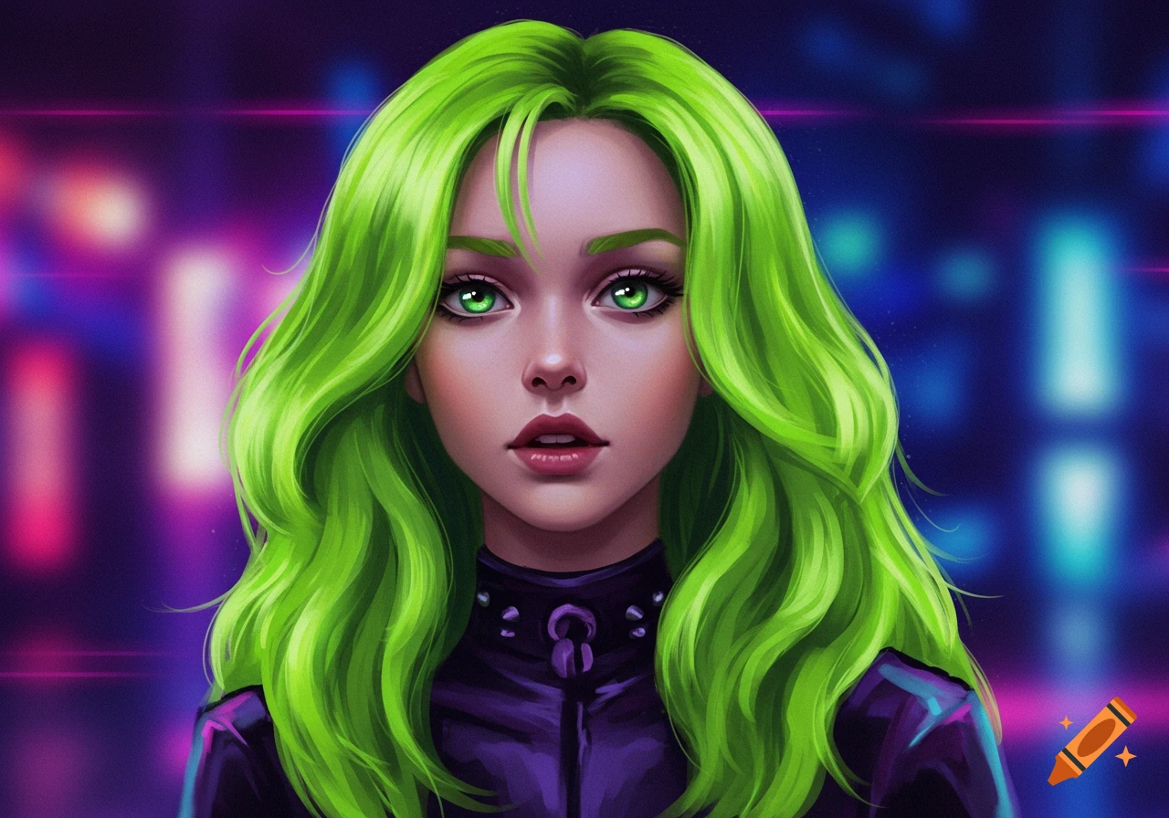 A stylized portrait of a woman with vibrant lime green hair and matching eyes, wearing a dark purple top against a blurred neon cityscape.