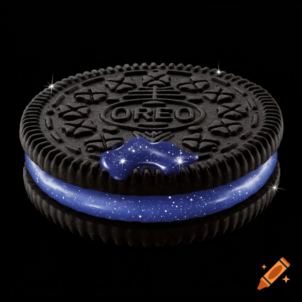 Dark chocolate Oreo cookie with a vibrant blue, glittery, galaxy-themed cream filling and a bit of cream oozing.