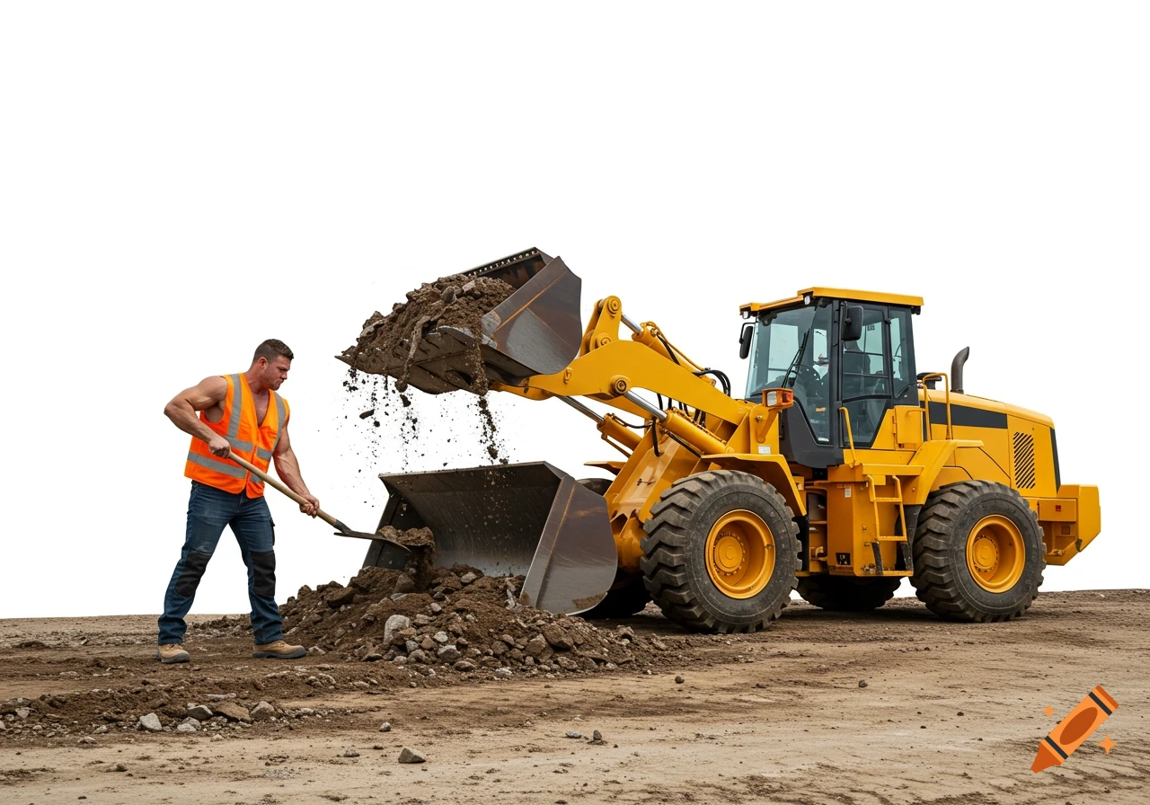 A man shovels mud into the bucket of a large yellow wheel loader on a dirt ground, white background. Photorealistic.