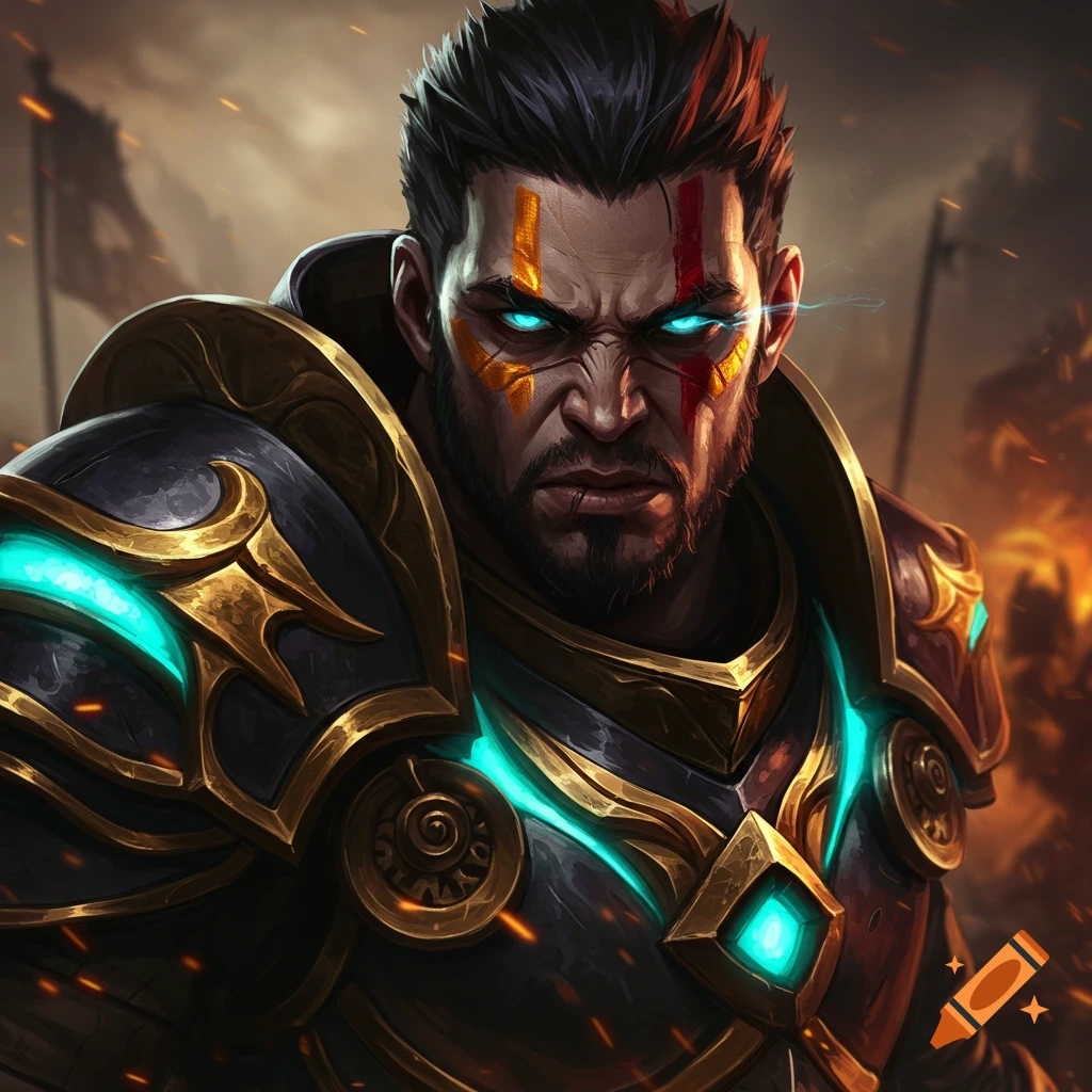 Close-up of a fierce male warrior in dark and gold armor with glowing blue eyes and red and yellow face paint, on a fiery battlefield.