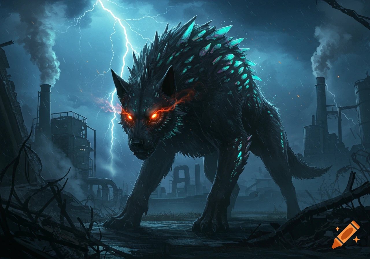 A menacing, spiky monster wolf with glowing red eyes stalks through a dark, stormy industrial wasteland with lightning.