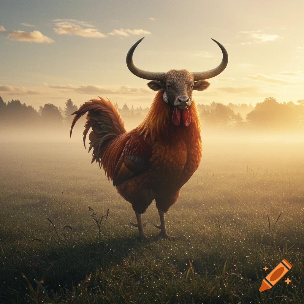 Photorealistic rooster with an ox head stands in a misty field at sunrise.