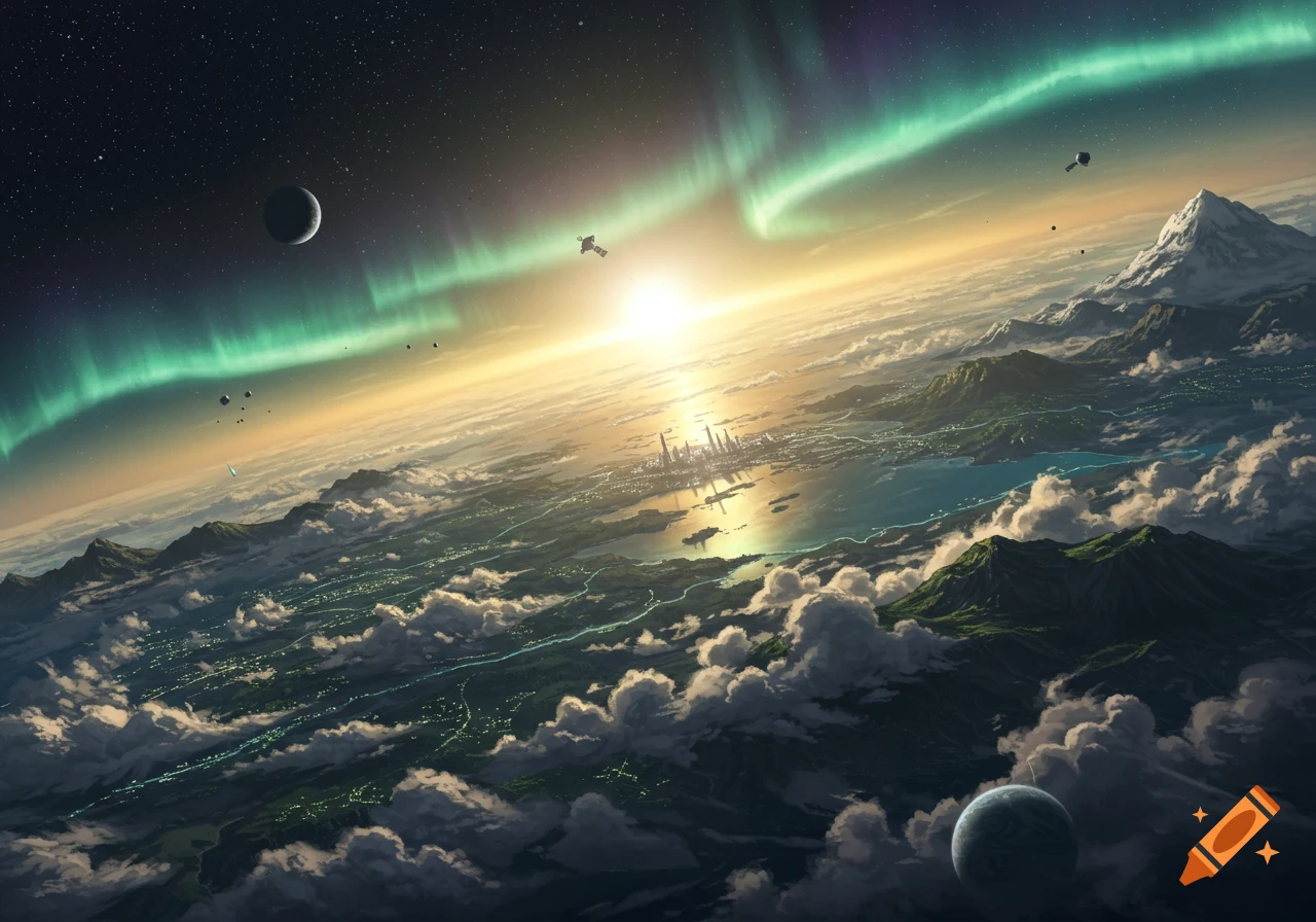 Panoramic orbital view of a futuristic world with a city, mountains, aurora, and celestial bodies at sunrise.