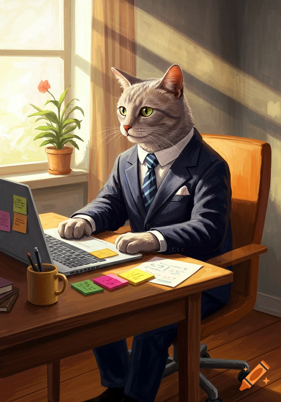 A grey cat in a business suit works at a desk with a laptop and sticky notes, rendered in an impressionistic painting style.