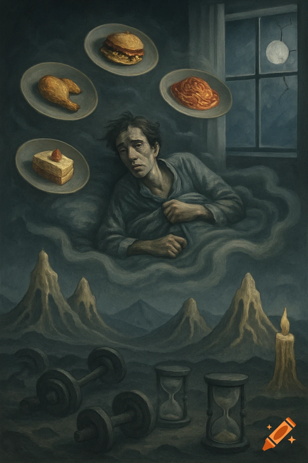 A distressed man on cloud-like bedding, surrounded by floating food plates, dumbbells, and hourglasses in a dark surreal painting.
