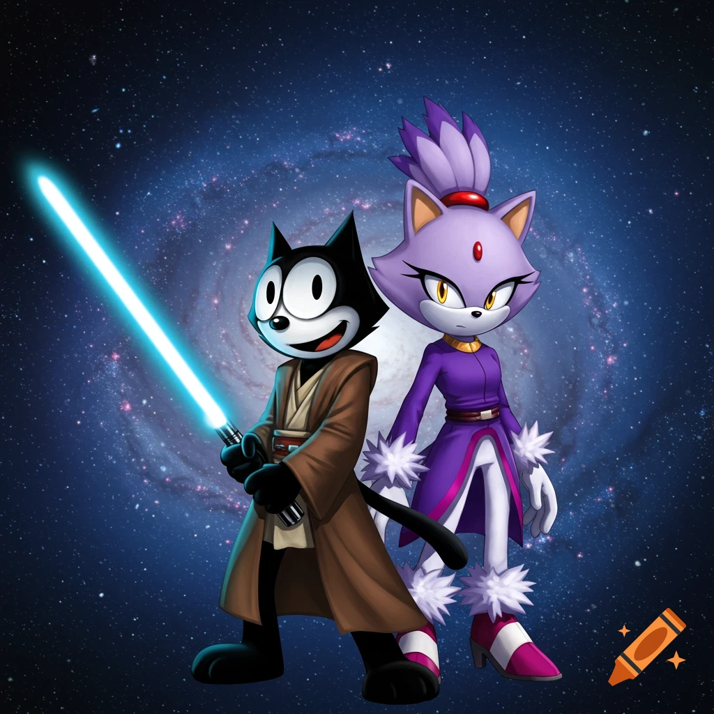 Cartoon Felix the Cat as a Jedi with a blue lightsaber, and Blaze the Cat in a purple outfit, standing in space.