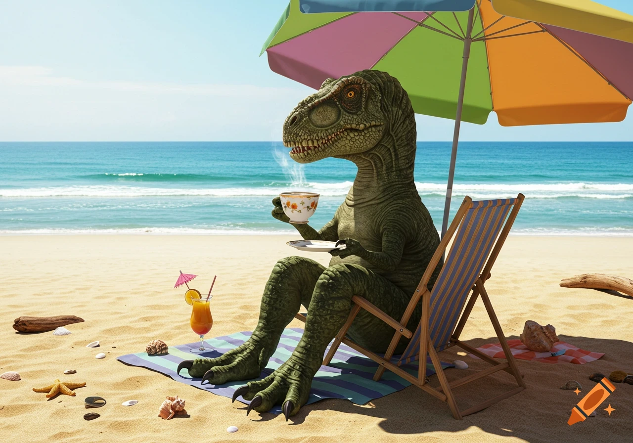 A T-Rex dinosaur relaxes on a beach chair under a colorful umbrella, sipping coffee with steam rising, next to a tropical drink.