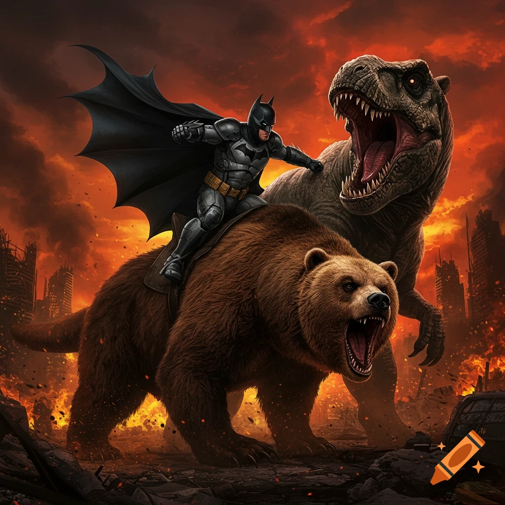 Batman in his suit rides a roaring brown bear through fiery city ruins, facing a snarling T-Rex, in a dramatic comic art style.