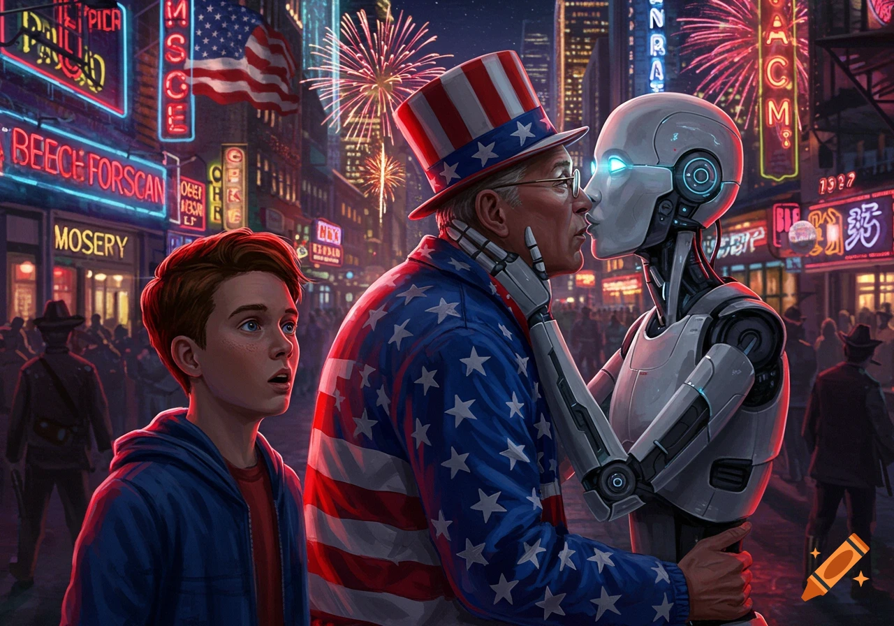 A surprised boy watches a man in a patriotic Uncle Sam hat kiss a humanoid robot on a neon-lit city street at night with fireworks.