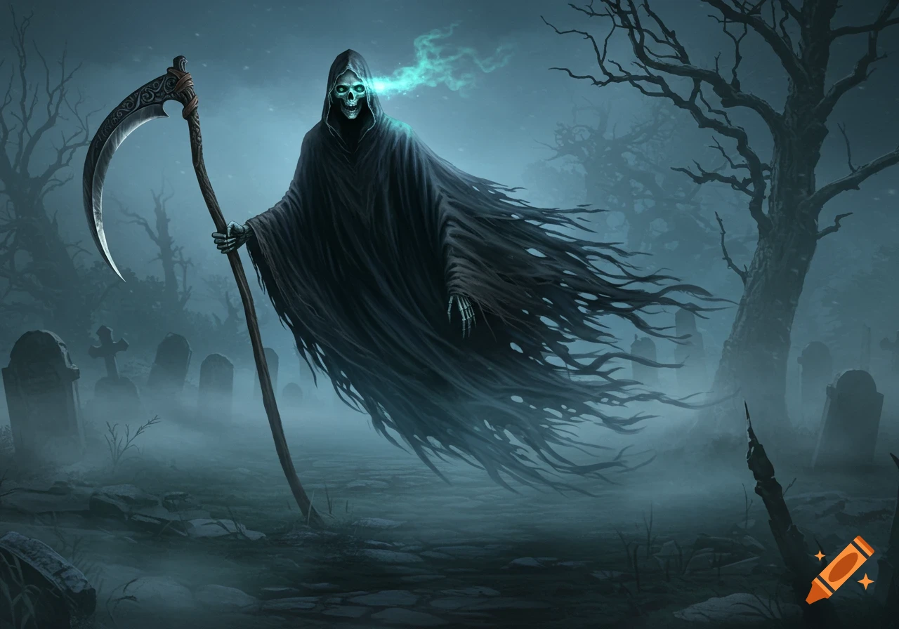 Grim Reaper in a dark, foggy graveyard, holding a large scythe with glowing green eyes. Dark fantasy illustration.