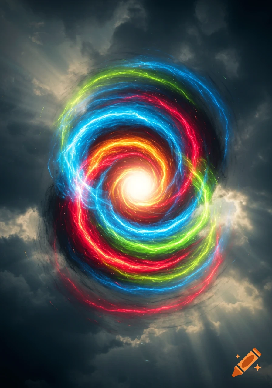 A vibrant, spiraling vortex of red, orange, blue, and green energy amidst dark, cloudy skies.