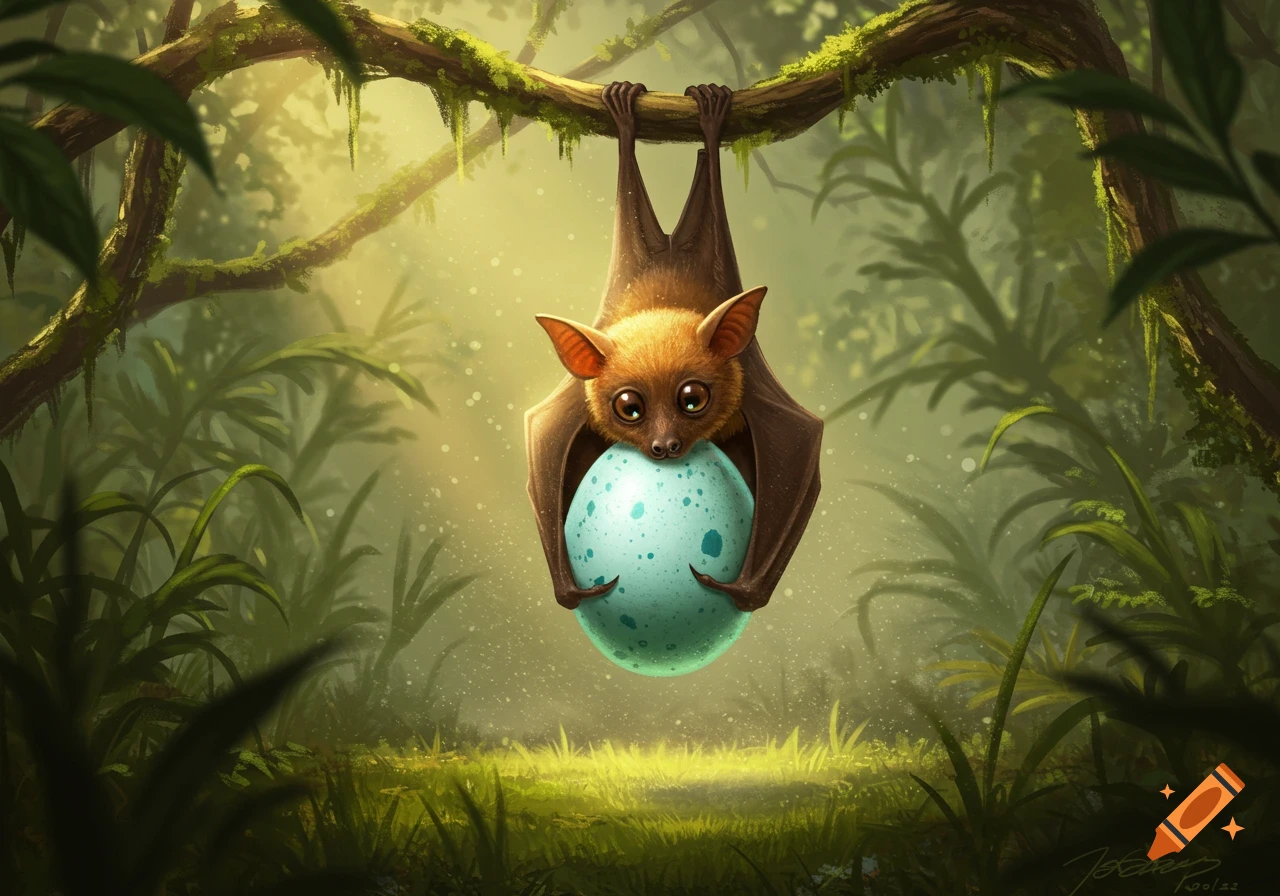 A cute brown bat hangs from a branch, holding a speckled blue egg in a sunlit jungle. Illustration.