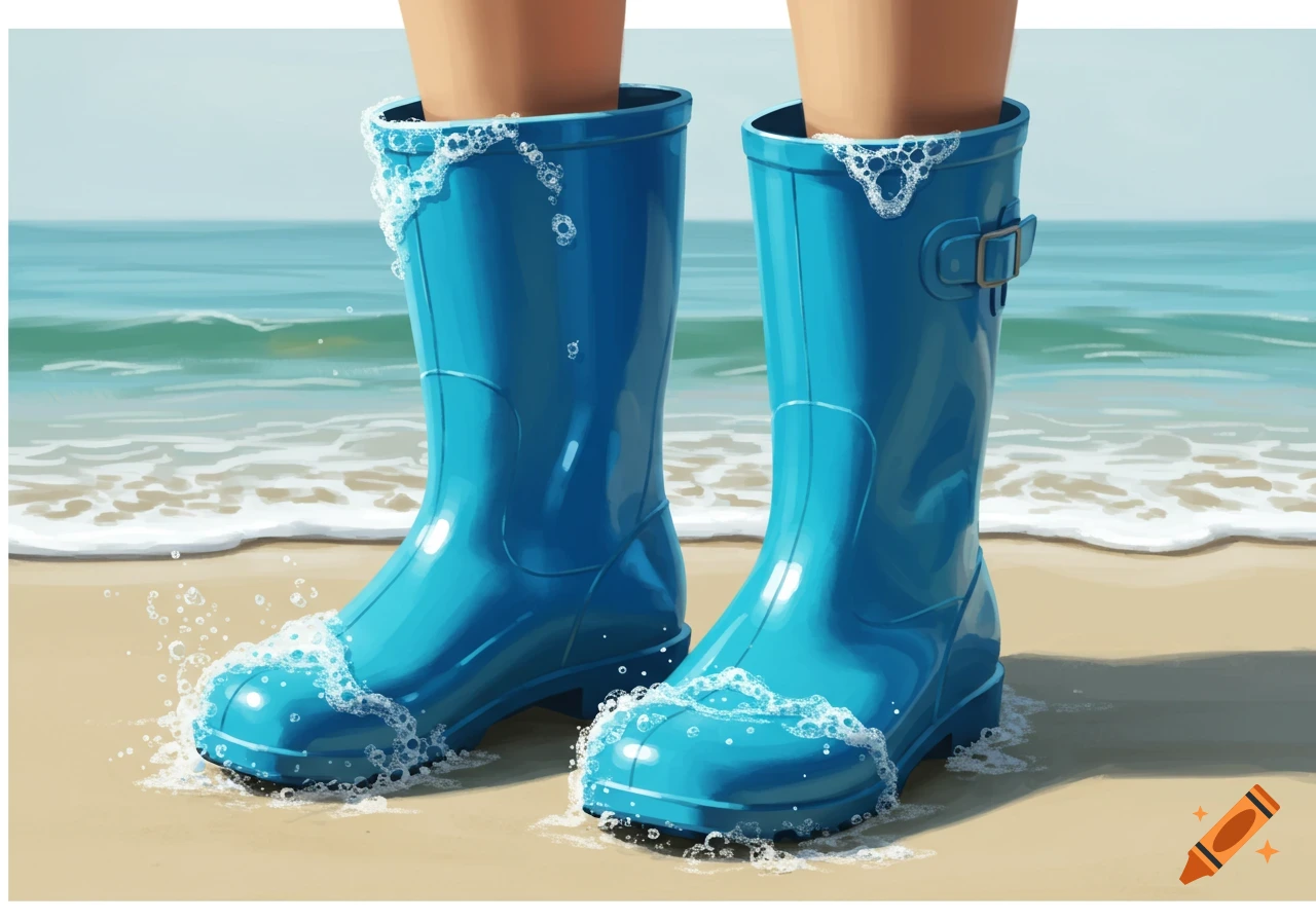 Two bright blue rain boots stand on a sandy beach as ocean waves wash around them, creating foam in a painterly style.