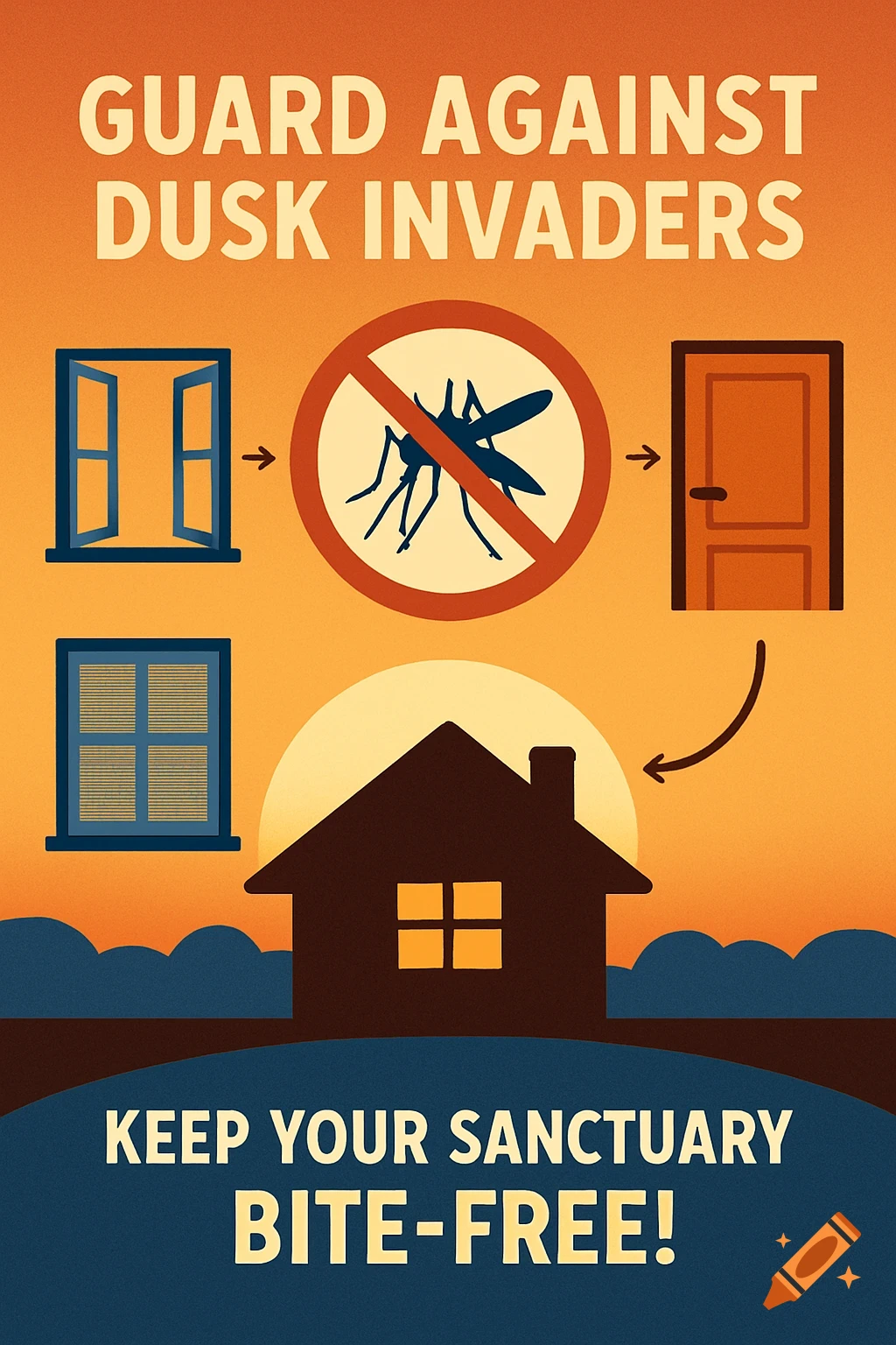 An infographic poster with a retro style, illustrating how to guard against mosquitoes by closing windows and doors at dusk. Text reads: "GUARD AGAINST DUSK INVADERS" and "KEEP YOUR SANCTUARY BITE-FREE!"