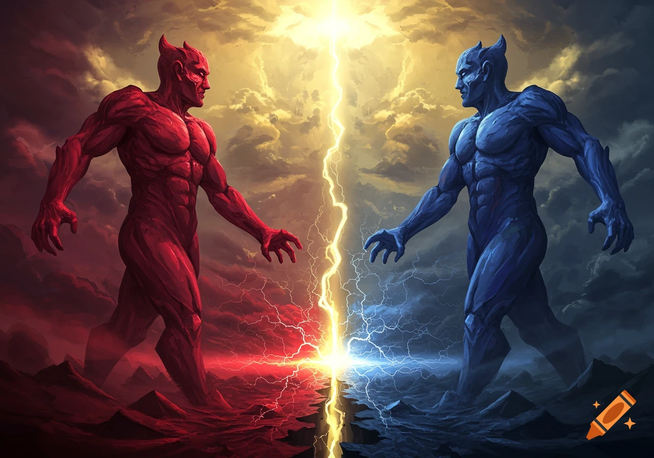 A red horned muscular figure faces a blue horned muscular figure with a powerful bolt of lightning between them, signifying conflict.