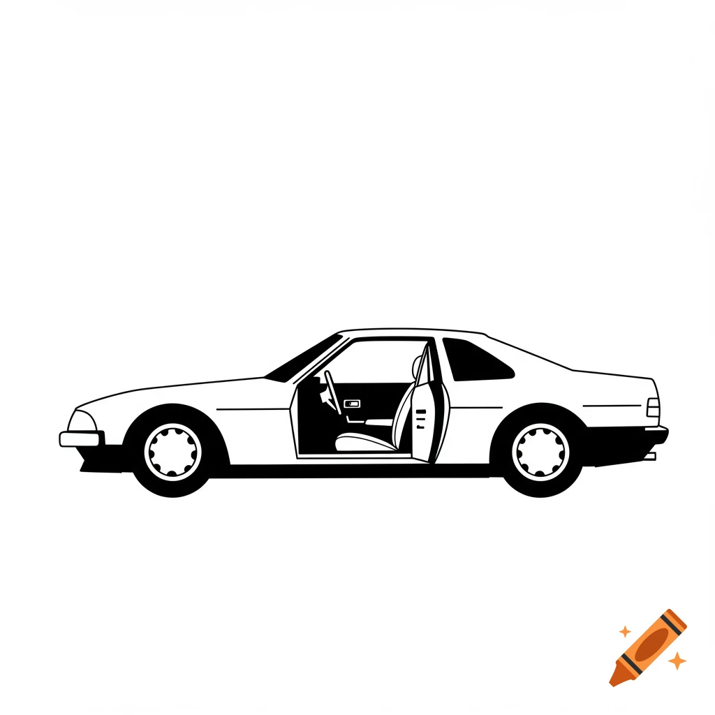 Black and white clipart illustration of a car with an open front door, viewed from the side.