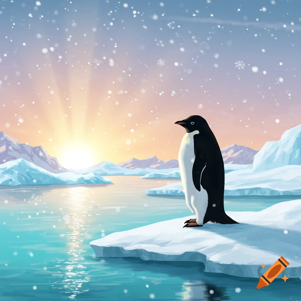 Stylized illustration of a penguin standing on an ice floe in a snowy arctic landscape during sunrise.
