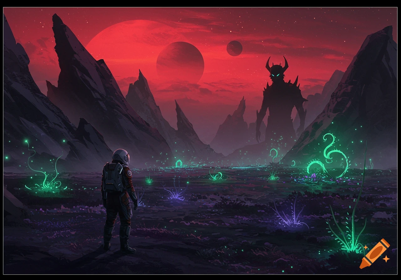 A cosmonaut stands on an alien planet with glowing flora, looking at a giant horned monster under a red sky with two planets.