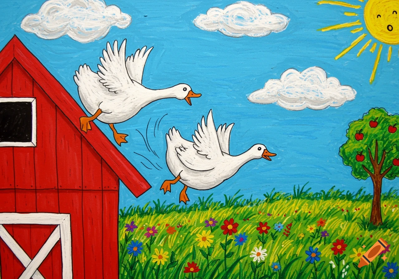 Crayon drawing of two white geese falling from a red barn roof into a field of colorful flowers under a sunny blue sky.