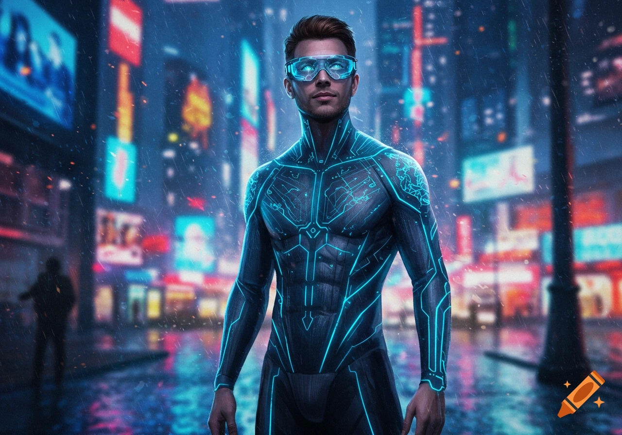 A man in a futuristic black suit with glowing blue circuit lines and visor glasses stands in a rainy, neon-lit cyberpunk city at night.