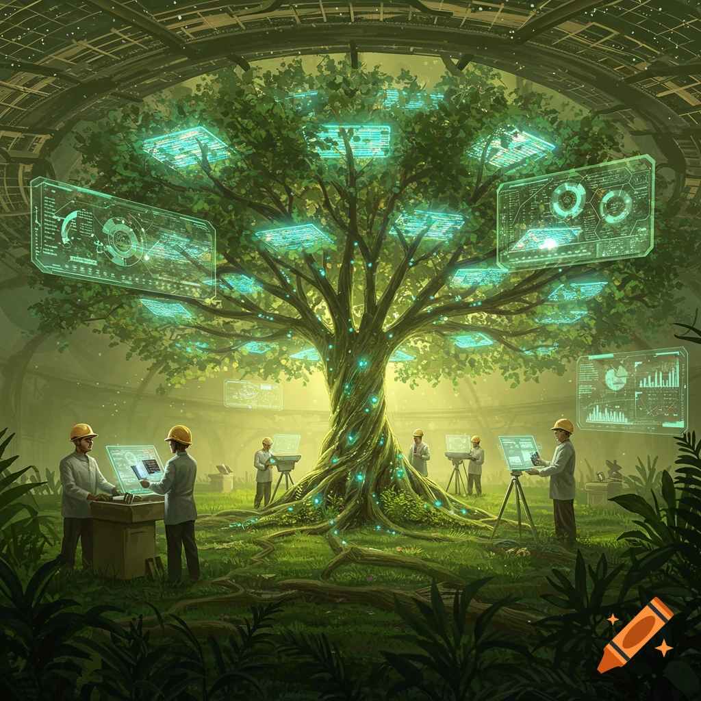 Scientists in a futuristic, green laboratory study a large, glowing tree covered in holographic data screens, surrounded by lush foliage.