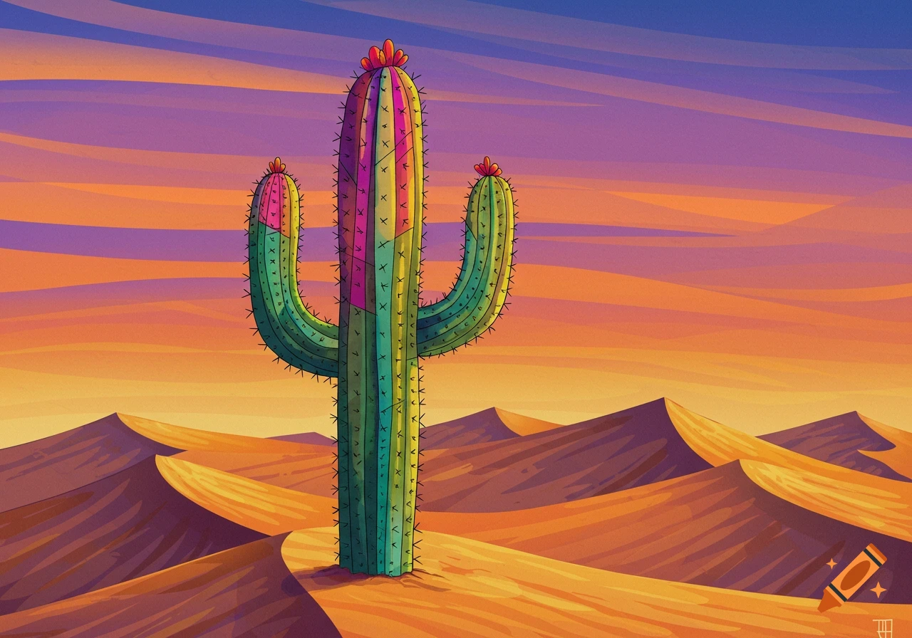 Vibrant, stylized cactus in a desert landscape with colorful sand dunes under a sunset sky.