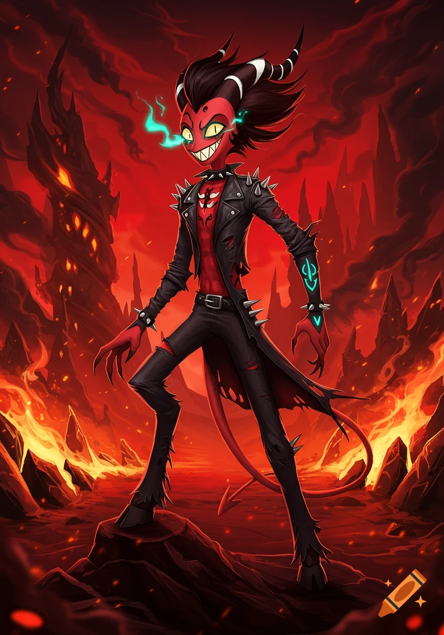 A red-skinned demon with spiky black hair, horns, glowing green eyes, and sharp teeth, wearing a ripped leather jacket, stands in a fiery hellscape.