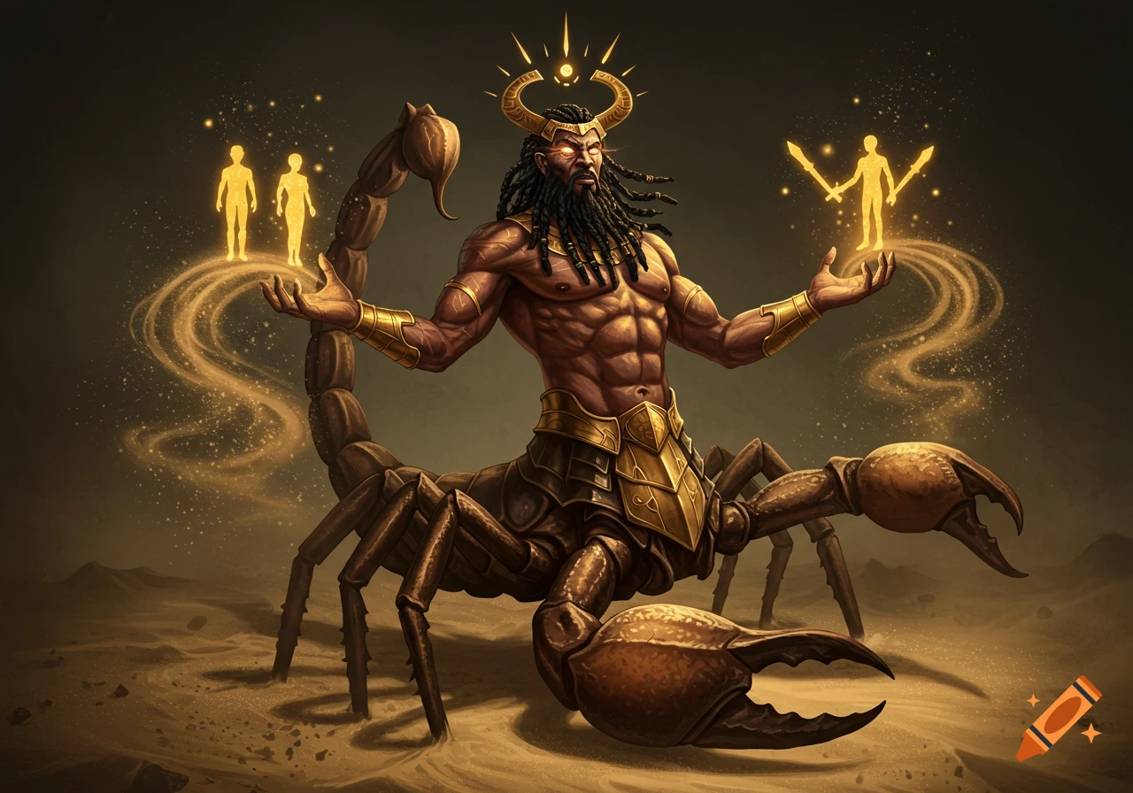 A muscular scorpion-man with a braided beard and golden crown stands on desert ground, summoning glowing humanoids and swords with magical sand.