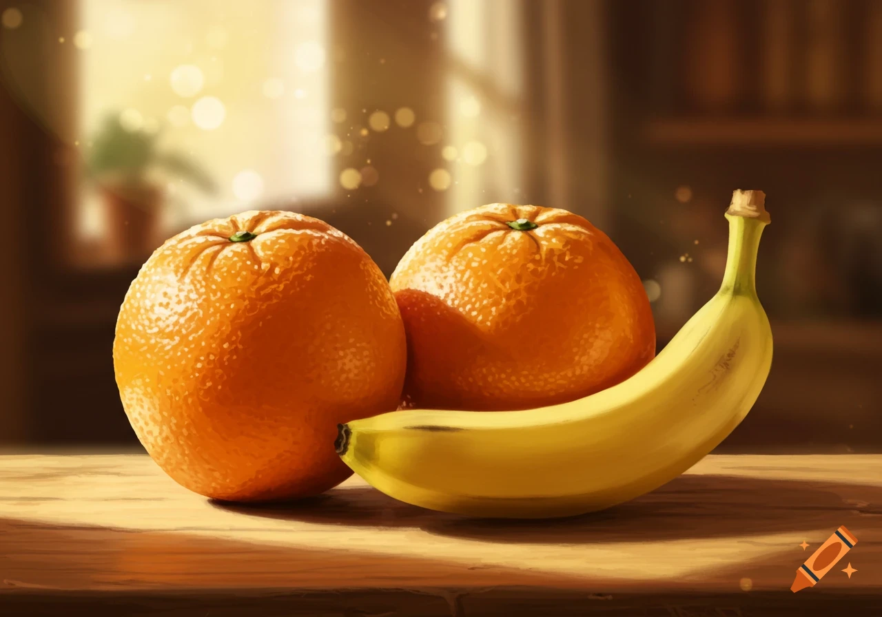 Two oranges and a banana on a wooden table, illuminated by warm light with bokeh effects.