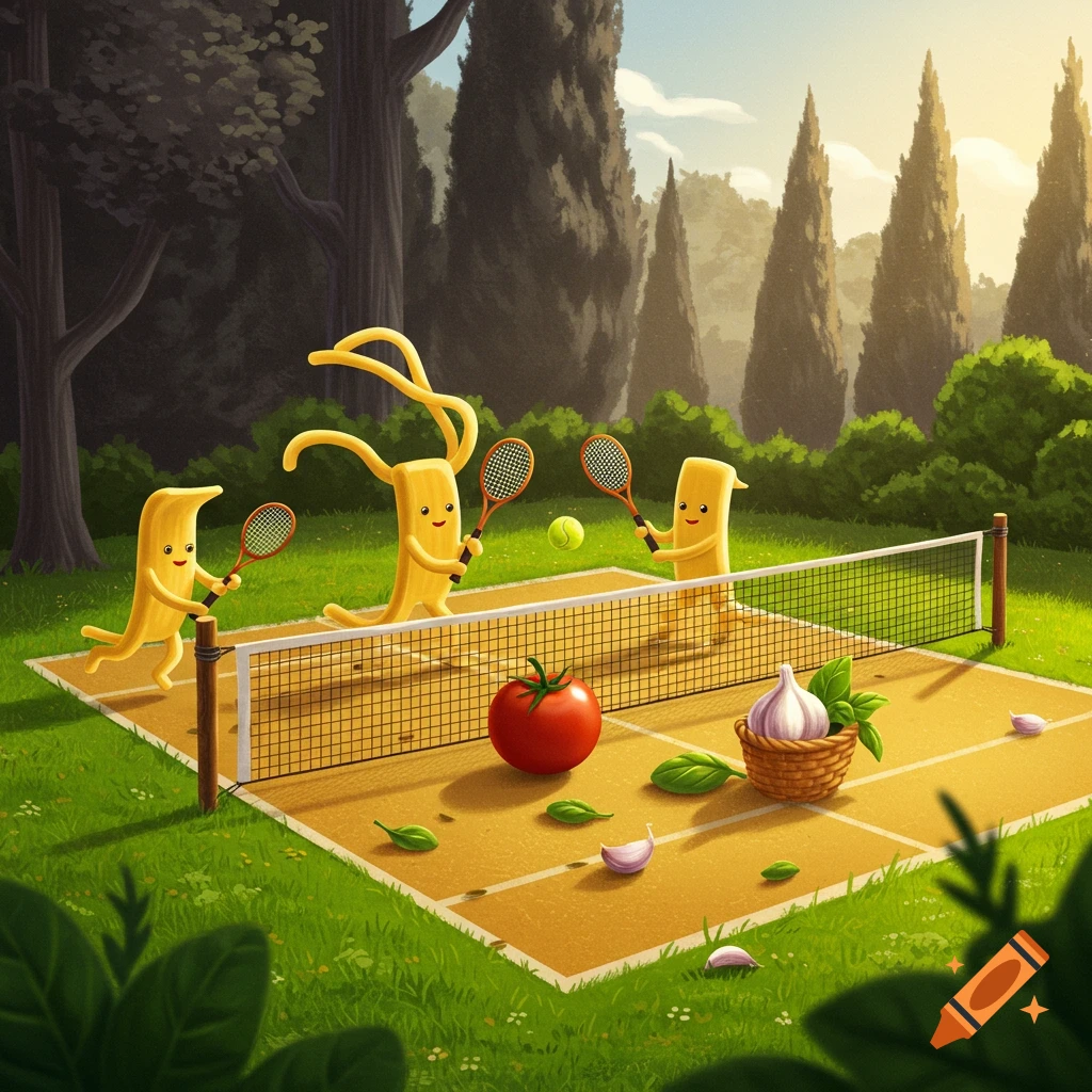 Cartoon pasta noodles play tennis on an outdoor court, surrounded by trees, with a tomato and garlic nearby.